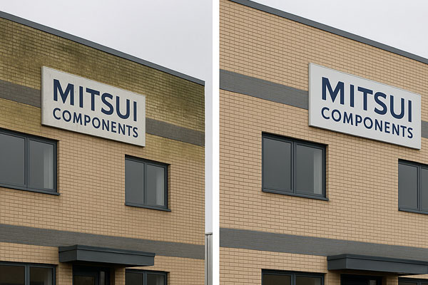External building cleaning montage in Tulse Hill: cladding soft-wash, roof and gutter clean, car-park jet wash