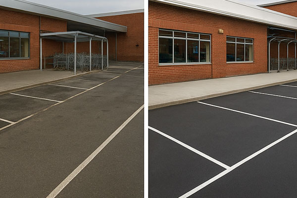 Before and after car park cleaning in Hayes showing oil and gum removal