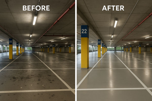 Night shift steam or jet washing in a loading bay with barriers and MEWP in Whitechapel