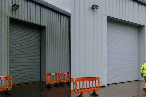 Night shift steam/jet washing in a loading bay with barriers and MEWP access