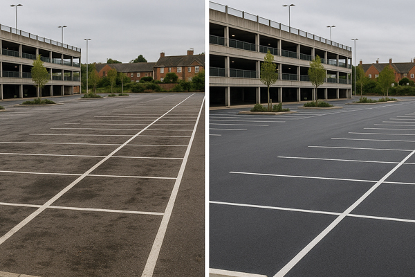 Out-of-hours car park cleaning in Hamilton with signage and barriers