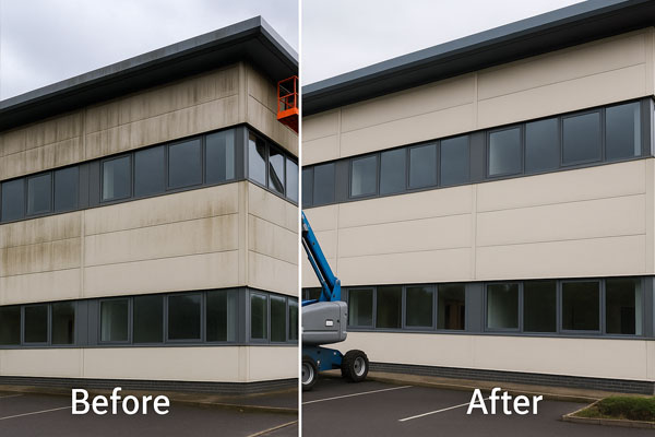 Building cleaning on commercial cladding in Blackwall