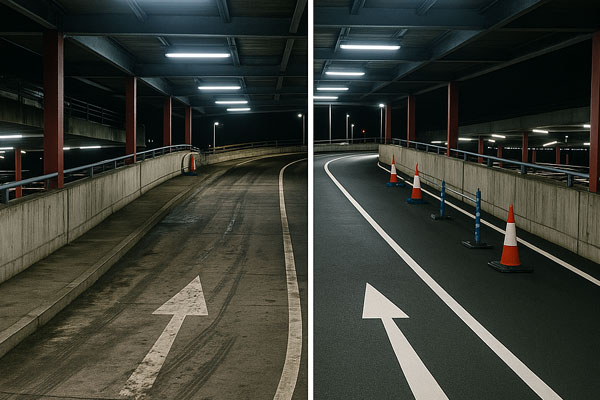 Before and after car park cleaning in Turriff with oil and gum removed