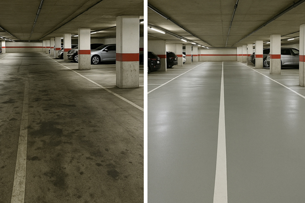 Night shift car park cleaning in Shefford with cordons, signage and hot wash