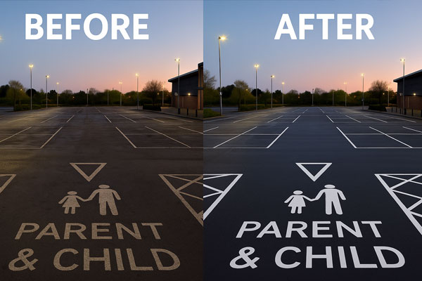 Before and after car park cleaning in Barrhead showing stain and gum removal