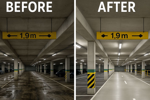 Night shift car park cleaning in Barrhead with barriers, signage, and hot-water washing