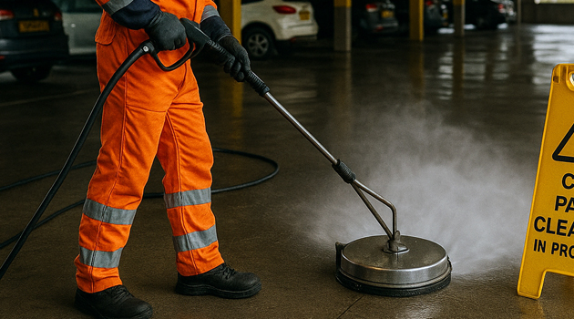 Night shift car park cleaning with barriers, signage and hot-water pressure washing