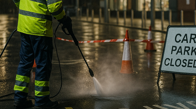 Operatives hot-water jet washing a UK retail car park with traffic management in place