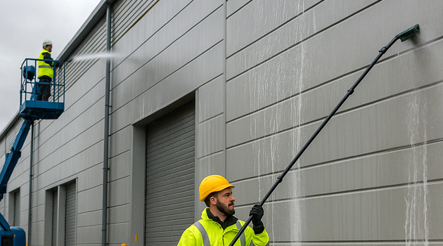 Technicians cleaning metal cladding on a commercial unit in Bermondsey