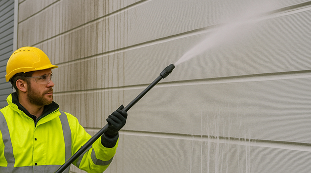 Before and after: restored colour and finish on metal cladding after soft-wash and rinse in Bermondsey