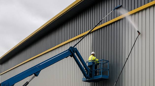 MEWP access and water-fed poles used for high-level cladding cleaning in Bermondsey