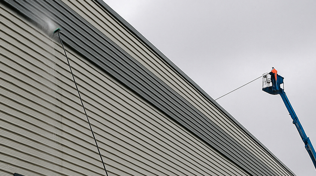Montage showing cladding soft-wash, rinsing and detail cleaning on commercial sites