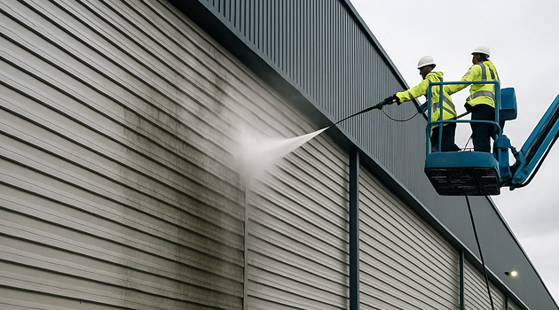 Technicians soft-washing and rinsing metal cladding on a UK industrial unit