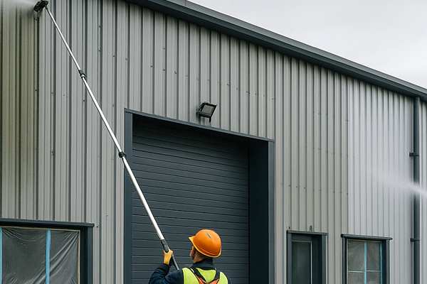 Technicians cleaning metal cladding on a commercial unit in Bethnal Green