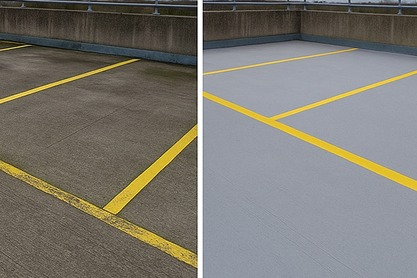 Before and after car park cleaning in Kilburn showing oil and gum removal