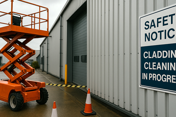 Before and after example of metal cladding cleaning at a unit in North Cheam
