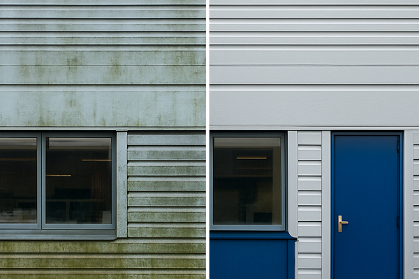 Cladding cleaning operatives working safely at height in North Cheam