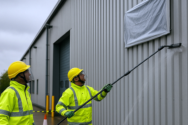 Cladding cleaning team using soft-wash and low-pressure rinse on metal panels in North Cheam