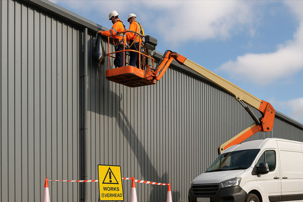 Commercial gutter cleaning on a warehouse using MEWP access in the UK