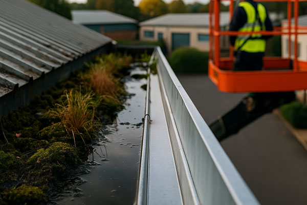 Before and after gutter cleaning in Wishaw showing vegetation and silt removal