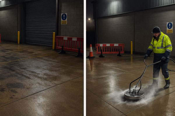 Rotary surface cleaner lifting oil and tyre marks in a car park in Oban