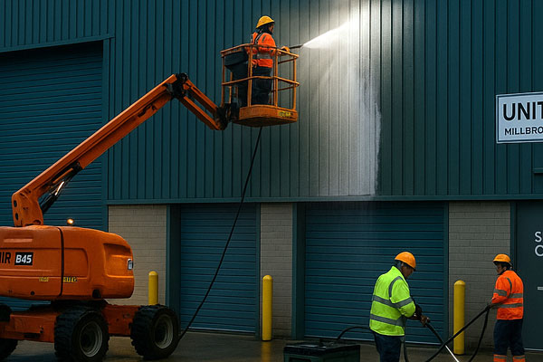 Commercial pressure washing a warehouse façade using MEWP access in the UK