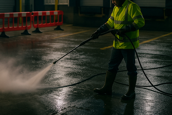 Night shift steam and jet washing in a loading bay with barriers and MEWP in Lower Clapton