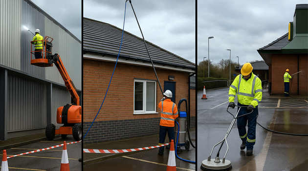 Montage: cladding soft-wash, roof & gutter cleaning, and car park surface cleaning at a UK commercial site