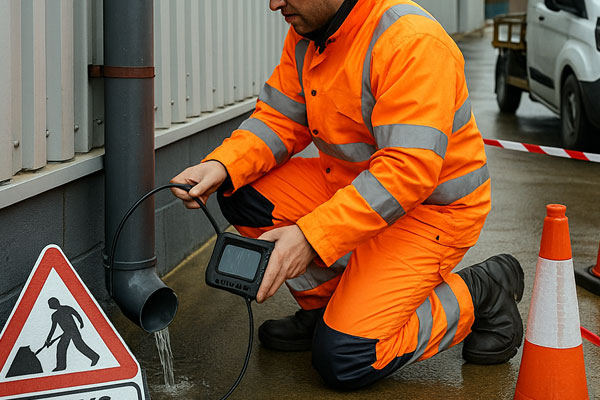 Camera survey while unblocking a warehouse downpipe
