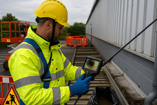 Engineer in Wishaw performing downpipe unblocking and camera verification