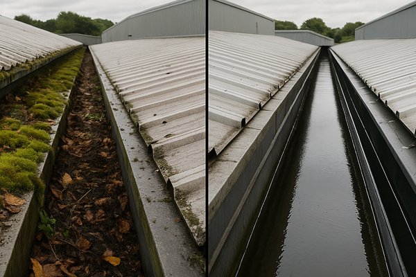 Before and after gutter cleaning in Musselburgh showing clear outlets and clean gutters
