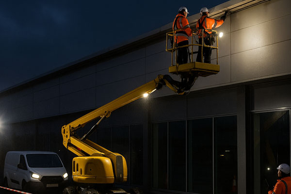 Night shift gutter cleaning with MEWP access and barriers at a retail park