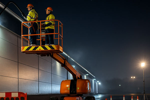 Night shift gutter cleaning in Wishaw with MEWP and barriers