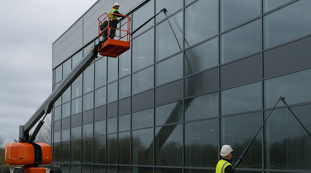 MEWP and water-fed poles used for high-level window and façade cleaning at a UK site