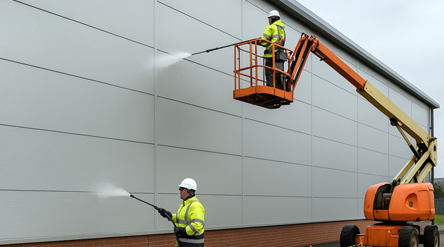 Industrial cladding exterior cleaning at a UK commercial site using safe, low-pressure methods