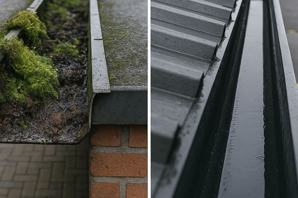 Before and after industrial gutter cleaning in Broad Green showing silt and vegetation removal