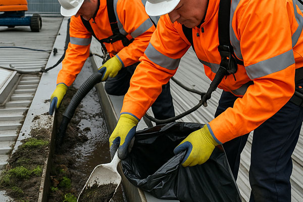 Removal of silt and vegetation from factory box gutters