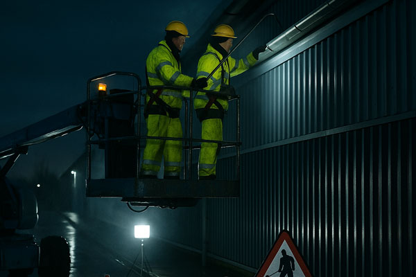 Night shift industrial gutter cleaning in Broad Green with MEWP and barriers at a retail park