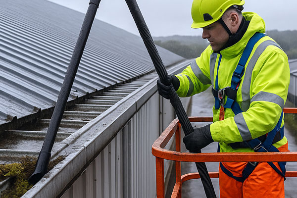 Industrial & commercial gutter cleaning in Broad Green with MEWP access and camera surveys