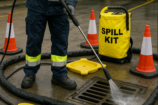 Rotary surface cleaner reducing oil stains in a car park in Lower Clapton
