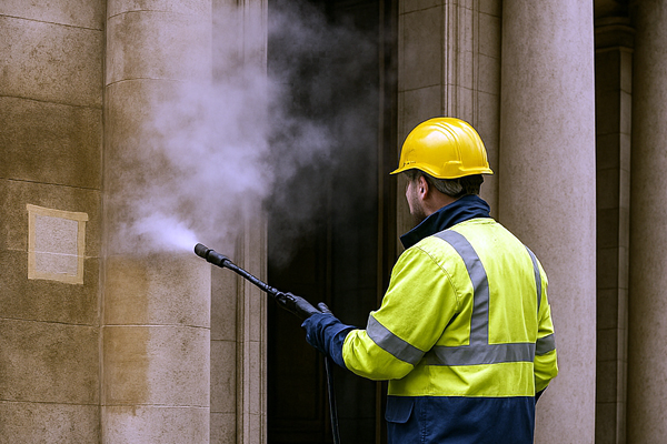 Before and after building cleaning in Duns showing improved cladding finish