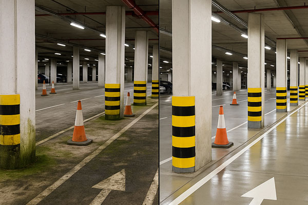 Night shift car park cleaning in Turriff with barriers, signage and phased bay closures