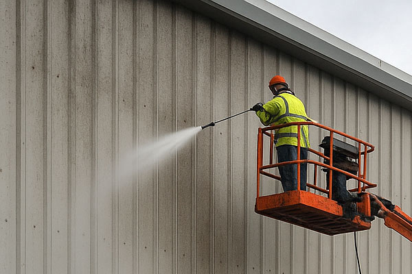 Commercial pressure washing in Formby using MEWP access on a warehouse façade