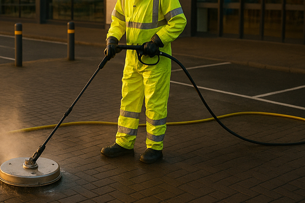 Pressure washing in a service yard in Lower Clapton