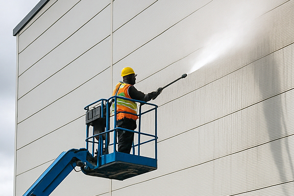 Commercial pressure washing in Lower Clapton using MEWP access on a warehouse facade