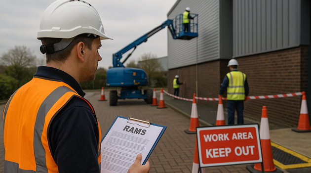 Supervisor reviewing RAMS while the team sets cones, barriers and signage to create a safe exclusion zone