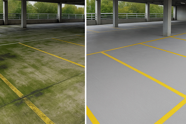 Night shift car park cleaning in Kilburn with barriers, signage and hot-water washing