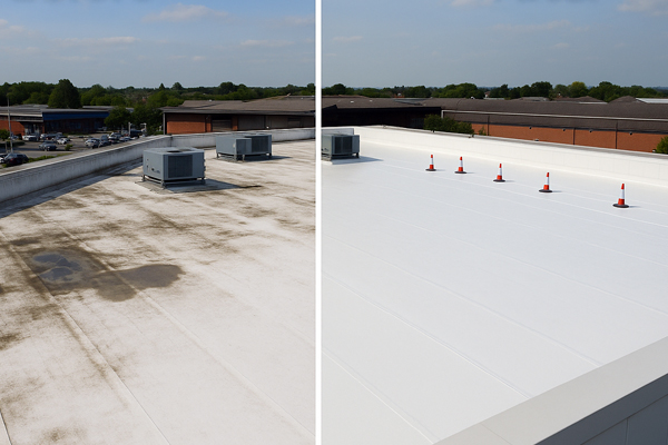 Before and after roof cleaning on a profiled steel roof in Wick