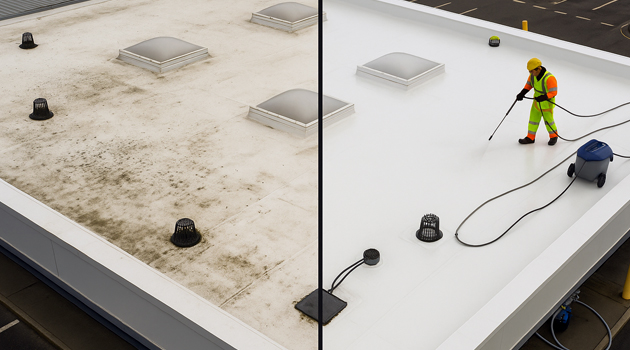 Commercial roof cleaning in Walworth using soft-wash and MEWP access