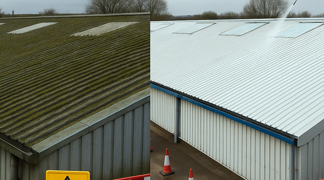 Night shift roof cleaning with MEWP access, barriers and signage in Walworth